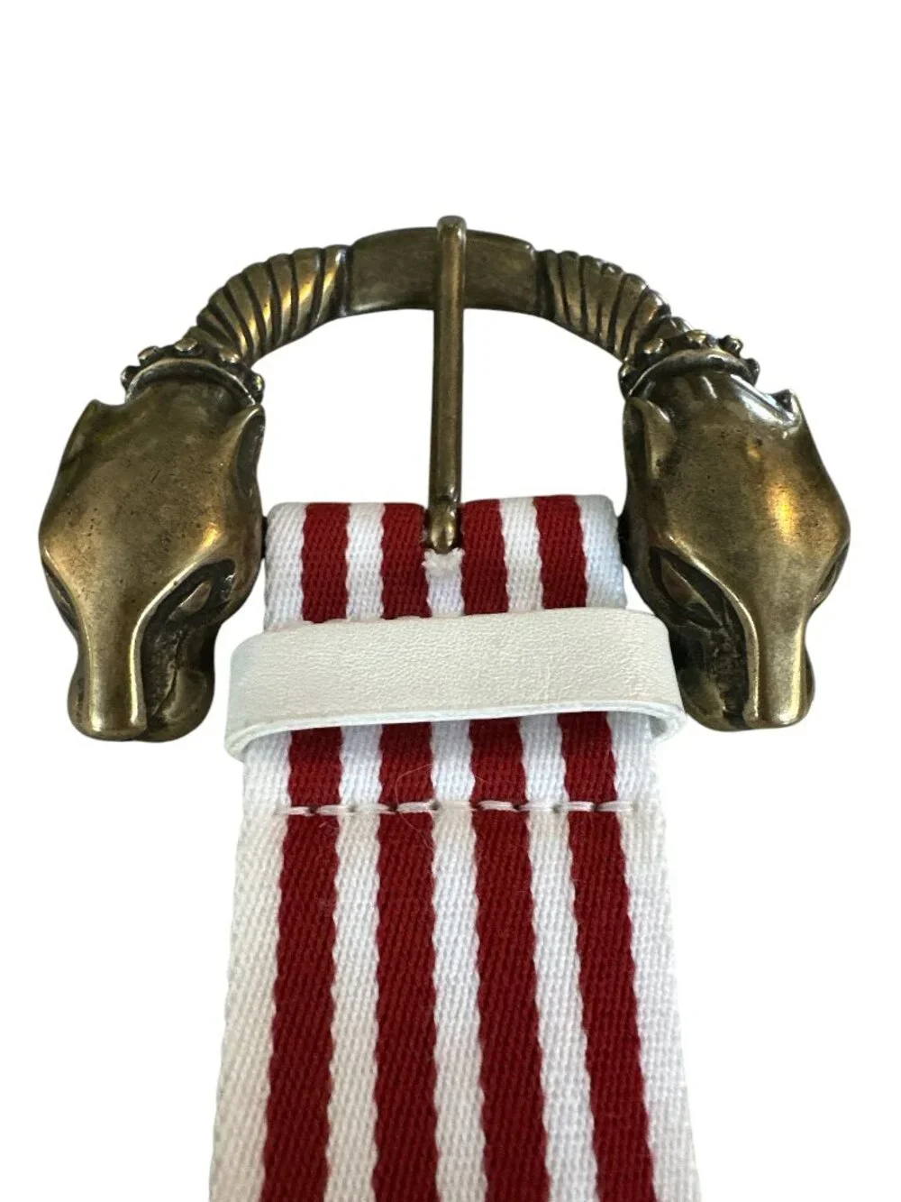 Brass Jaguar Head Buckle Red White Stripe Statement Belt Womens